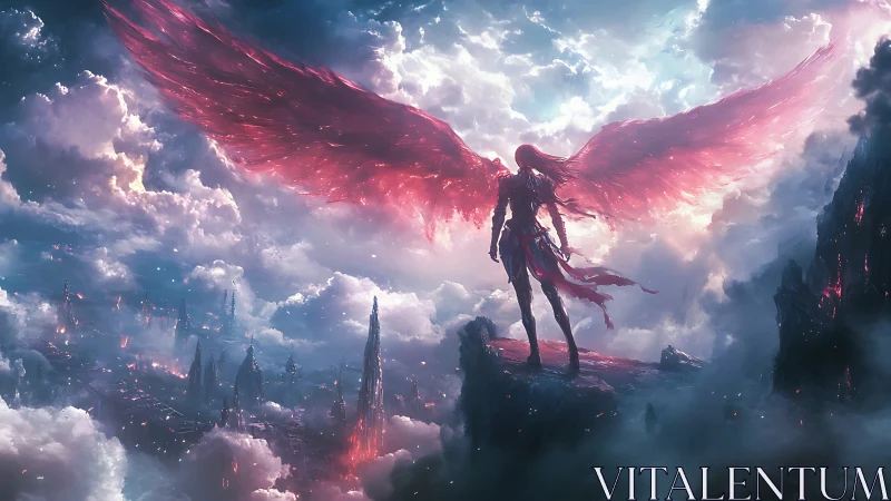 Crimson seraph guards a stormlit sky kingdom in burning dawn.