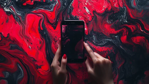 Hands framing a swirling red digital dream on phone screen.