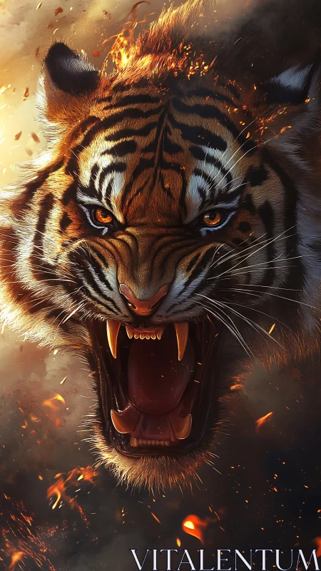 Firelit roaring tiger portrait with blazing embers.