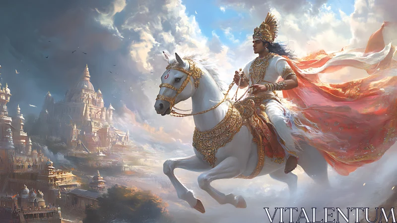 Mythic warrior on airborne steed above radiant temple city.