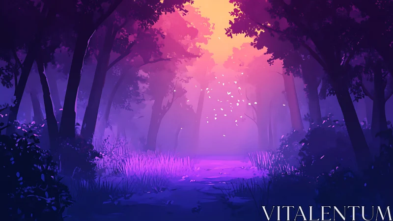 Enchanted Forest Path: Neon Glow Through Twilight.