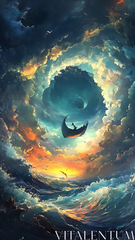 Vortical sky-ocean singularity with ascending crescent vessel.