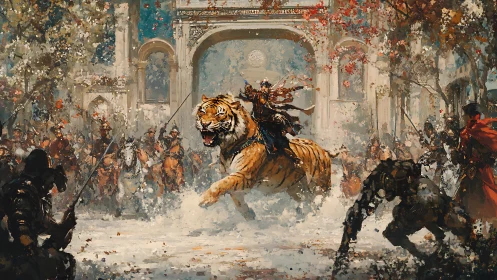 Mounted warrior on tiger navigates architectural courtyard amid crowd
