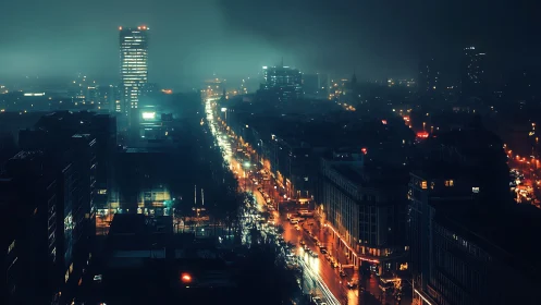 Nocturnal arterial avenue through dense foggy high-rise district