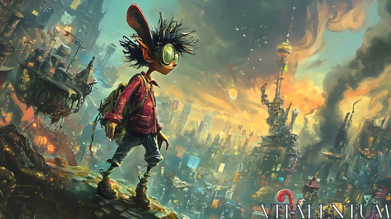 Whimsical scout in neon-drenched steampunk megacity panorama.