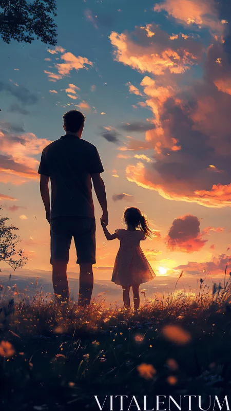 Silhouetted adult and child observe sunset over meadow