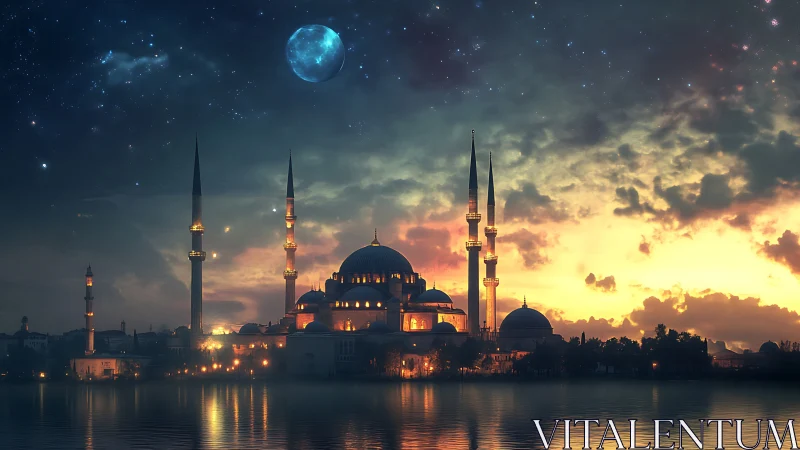 Luminous mosque skyline glows beneath a star-filled twilight