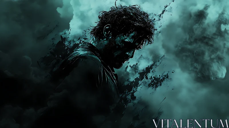 Brooding male silhouette amid teal smoke and shadow.