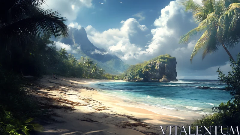 Tropical Beach Paradise With Towering Rock Formation.