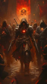 Ember-hearted gunslinger leads a hooded infernal vanguard.