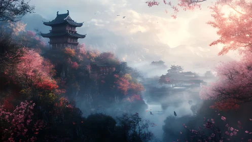 Mist-layered mountain pagodas in atmospheric depth rendering.