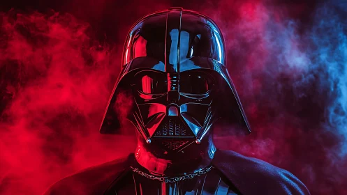 Cinematic black helmet portrait in red and blue rim lighting