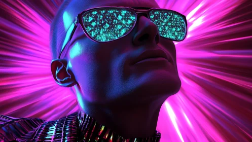 Futuristic neon portrait with reflective digital glasses.