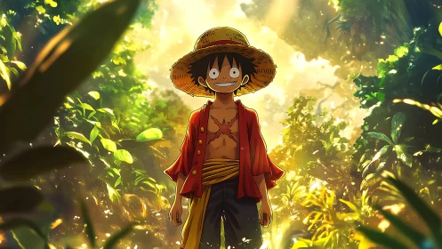 Straw hat boy stands smiling under glowing jungle canopy
