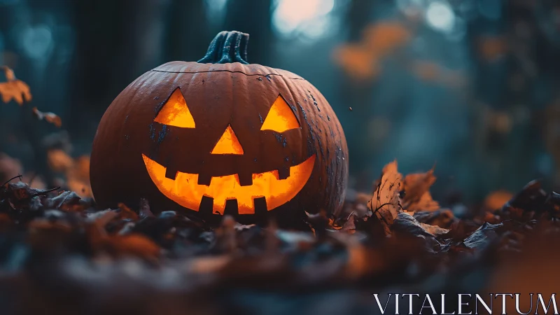 Glowing jack o lantern smiling warmly in a misty forest.