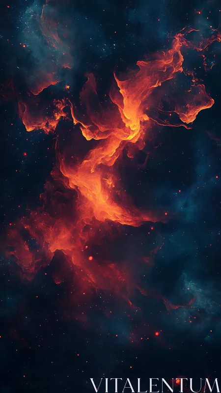 Fiery cosmic nebula swirling through deep space void.