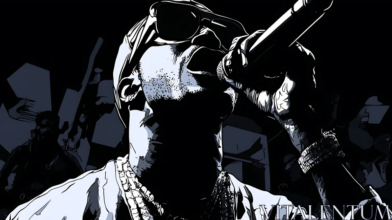 Digital illustration depicts rapper holding microphone onstage
