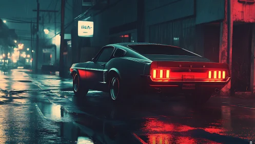 Muscle car idles in neon-lit rain on a moody city street