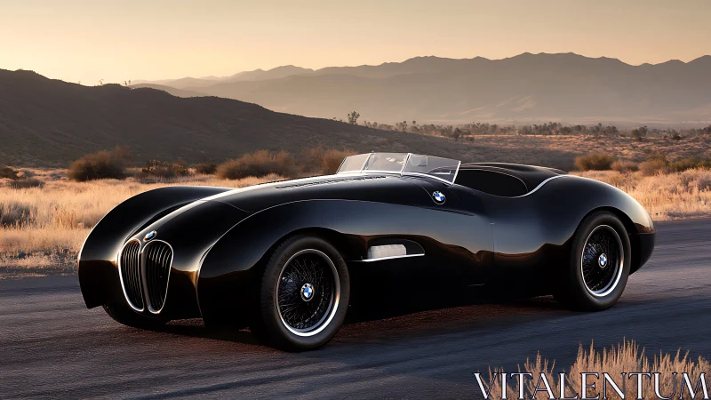Streamlined black BMW roadster under golden desert sunset.