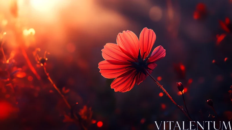 Red Cosmos Blossom in Warm Backlit Glow.