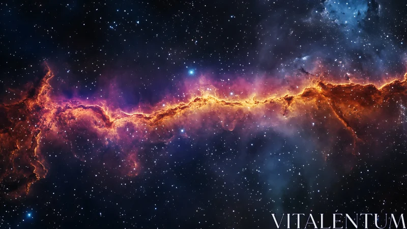 Fiery nebula ridge cuts through a tranquil star-filled cosmos