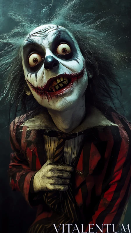 Wild-eyed circus ghoul leans close with crooked, eerie grin