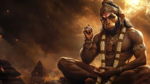 Divine monkey warrior seated amid glowing temple ruins.