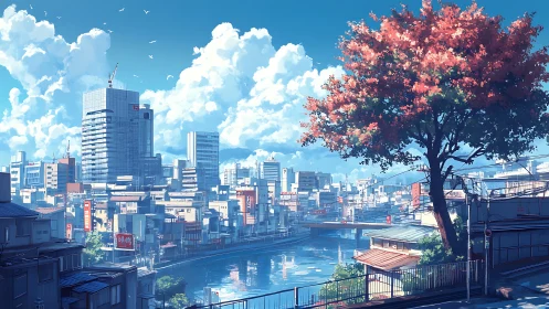 Autumn tree crowns a sunlit riverside anime cityscape panorama