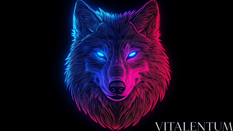 Neon wolf head rendered in symmetrical blue and magenta lines