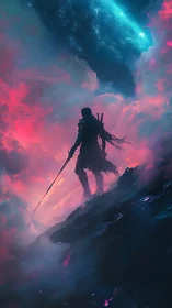Lone swordsman on cliff amid pink and blue cosmic clouds.