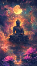 Luminous lunar mandala framing meditative Buddha over water.