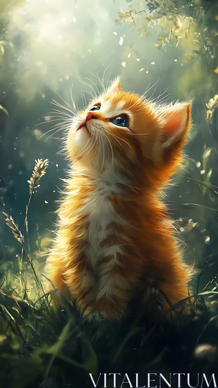 Golden kitten under soft forest light gazing upward.