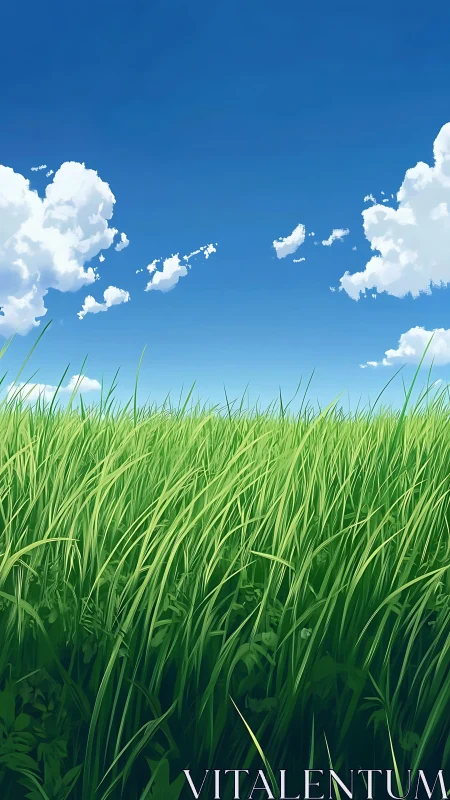 Lush green grass field under deep blue sky and clouds.