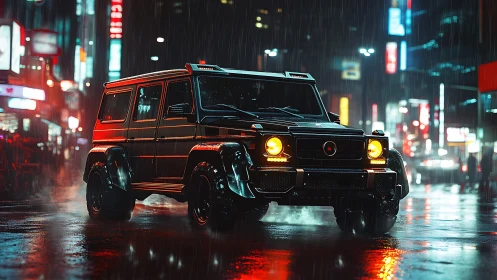 Lifted black SUV dominates neon city street in rain.