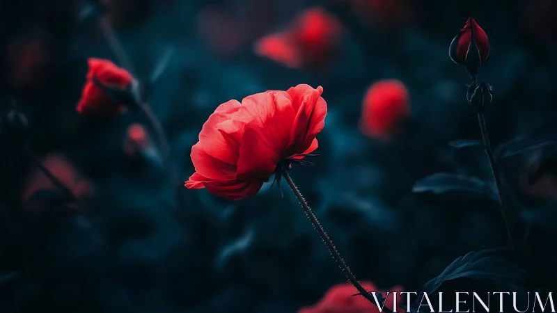 Red Roses in Dark Garden Setting
