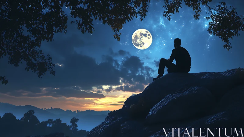 Silhouetted figure watches full moon over twilight valley
