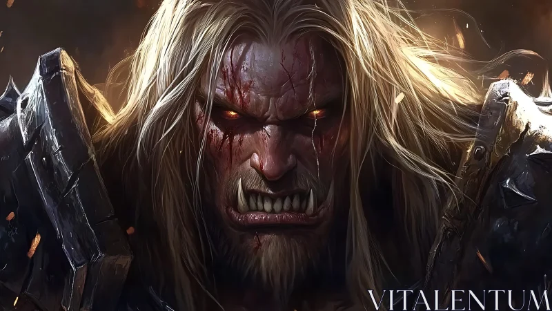 Savage undead warrior portrait with burning demon eyes.