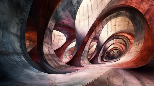 Curved metallic tunnel interior with looping structural arches.