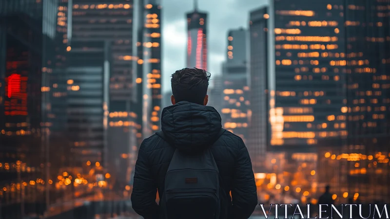Rear view of person in jacket facing illuminated cityscape.