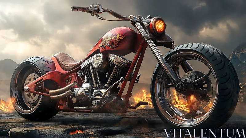 Fiery red chopper motorcycle roars over a smoldering wasteland