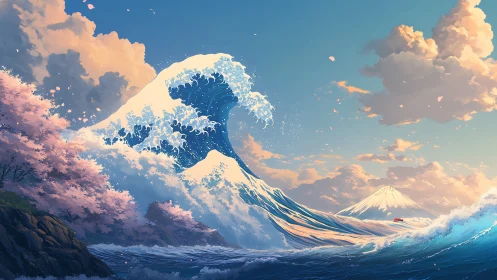 Large coastal wave with cherry blossoms and distant volcano.