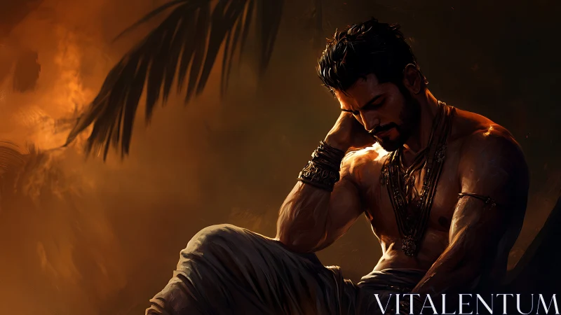 Sunlit warrior rests quietly beneath warm jungle shadows