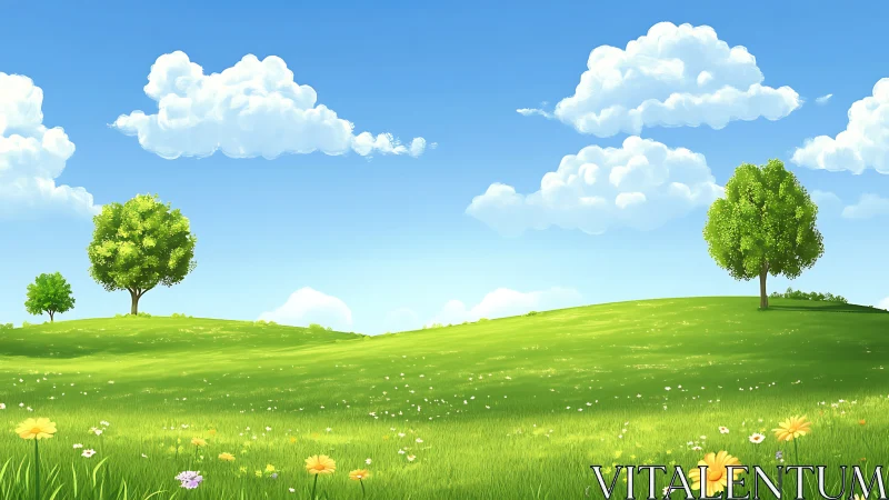 Sunlit grassy hillside with scattered trees and cumulus clouds