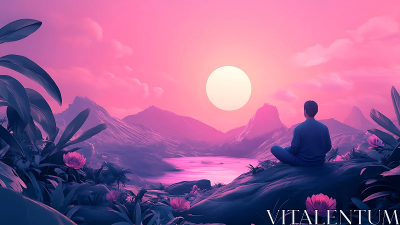 Solitary figure observing stylized sunset over valley.