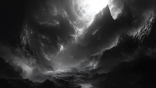 Moon-drowned chasm where stormlit mountains whisper secrets.