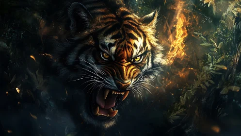Tiger head emerges from dense foliage with stylized fire