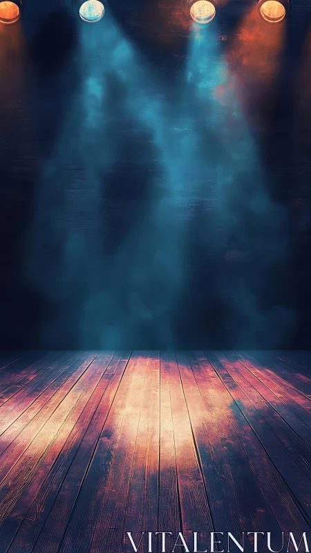 Warm stage lights pouring over a quiet wooden floor.