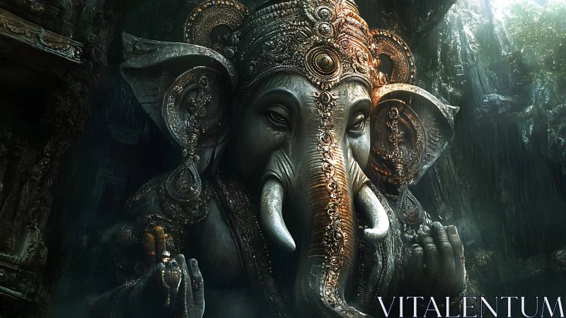 Highly detailed 3D Ganesha deity sculpture in misty stone grotto