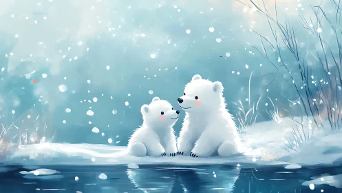Snowflake whispers with two polar bears by a winter pond.