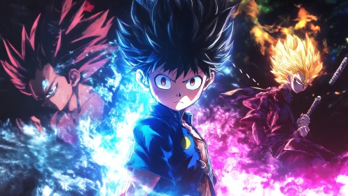 Intense anime trio framed by vivid elemental energy.